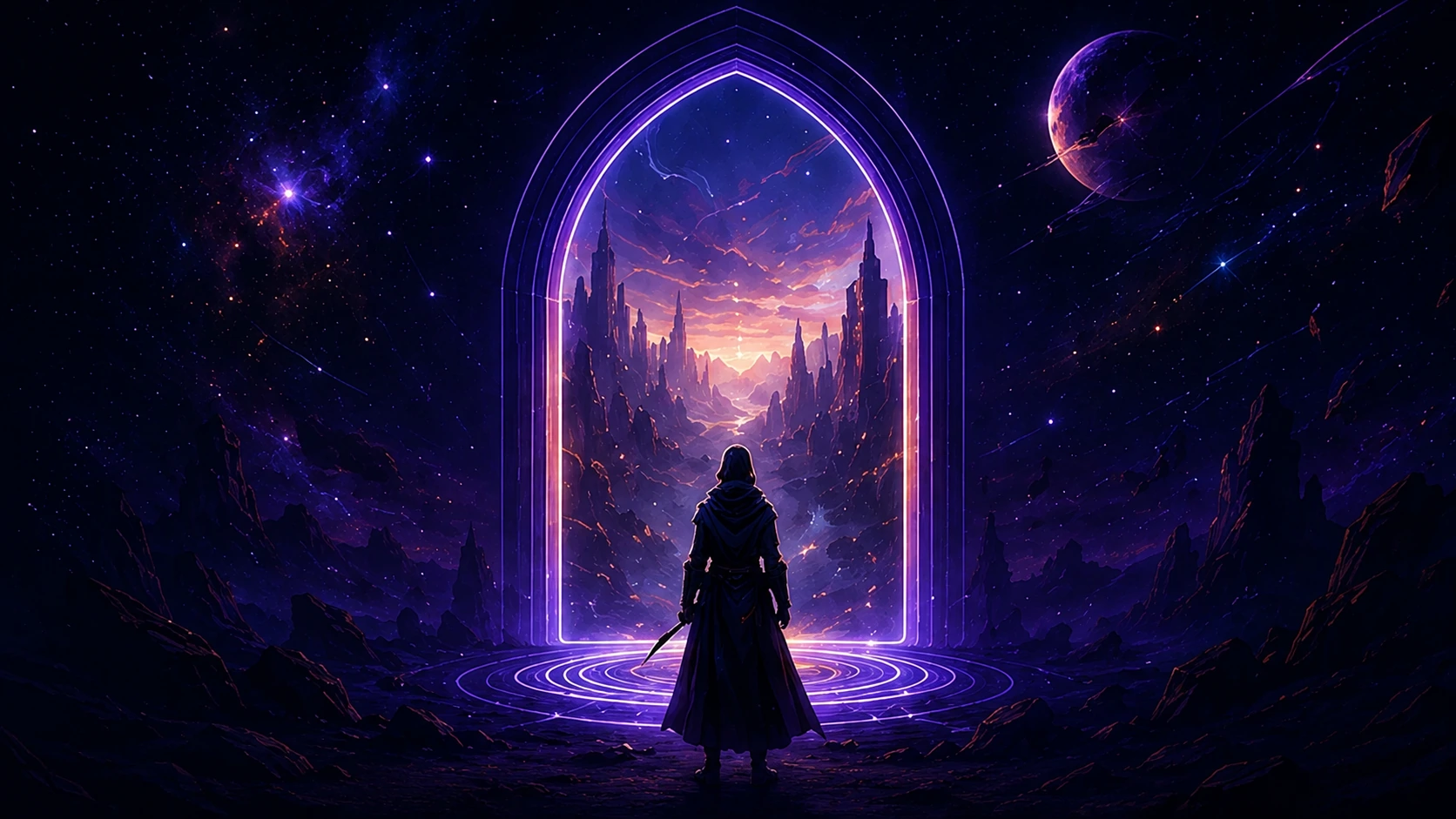 A traveler standing before a glowing portal into a fantasy world